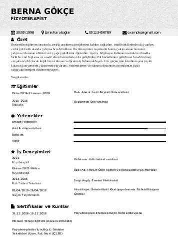 Fizyoterapist Cv Örnekleri cv indir